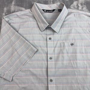 Travis Mathew Button Up Shirt Men's XL Gray Striped Short Sleeve Cotton Nylon